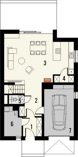 Projekt domu Studio 101 - rzut parteru, dom liczy 3 pokoje, 2 łazienki i wc