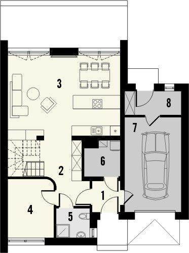 Projekt domu Studio 106 - rzut parteru, dom liczy 4 pokoje, 2 łazienki i wc