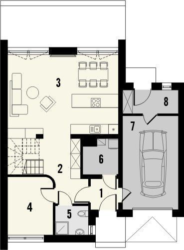 Projekt domu Studio 116 - rzut parteru, dom liczy 4 pokoje, 2 łazienki i wc