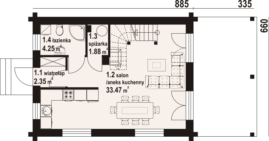 Projekt domu Gryfice małe 6 dw - rzut parteru, dom liczy 1 pokoje, 1 łazienki i wc