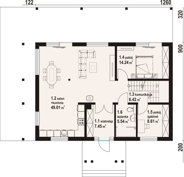 Projekt domu Komańcza dws - rzut parteru, dom liczy 6 pokoje, 2 łazienki i wc