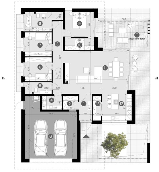 Projekt domu HomeKoncept 138 wariant 01 - rzut parteru, dom liczy 3 pokoje, 2 łazienki i wc