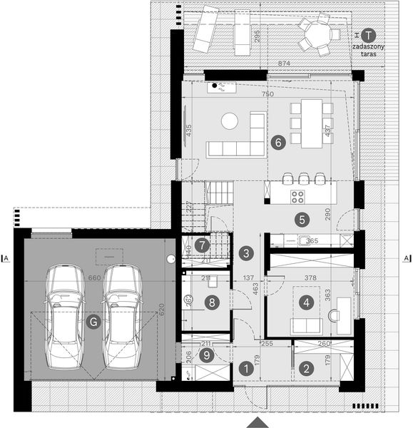 Projekt domu HomeKoncept 166 G2 wariant 02 - rzut parteru, dom liczy 4 pokoje, 3 łazienki i wc