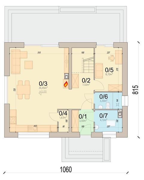 Projekt domu Dolce plus - rzut parteru, dom liczy 4 pokoje, 2 łazienki i wc