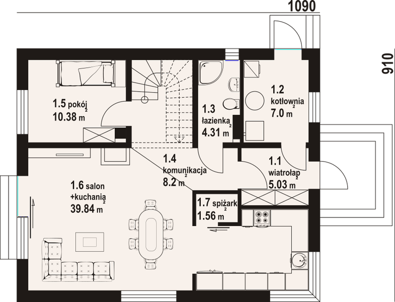 Projekt domu Gryfice 23 m - rzut parteru, dom liczy 4 pokoje, 2 łazienki i wc