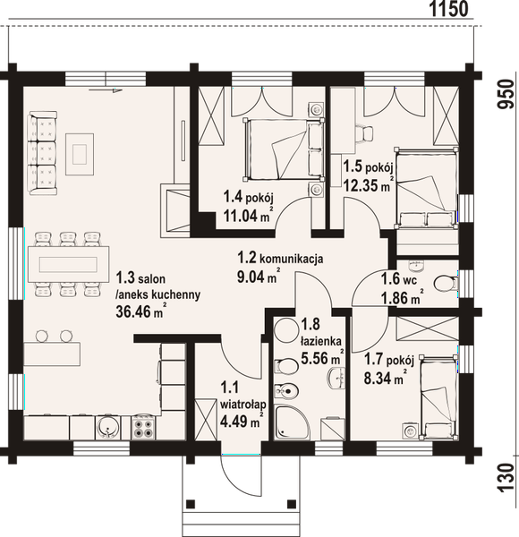 Projekt domu Piaseczno 4 dw - rzut parteru, dom liczy 3 pokoje, 2 łazienki i wc