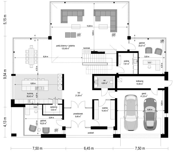 Projekt domu Rezydencja Floryda 3 B - rzut parteru, dom liczy 7 pokoje, 6 łazienki i wc