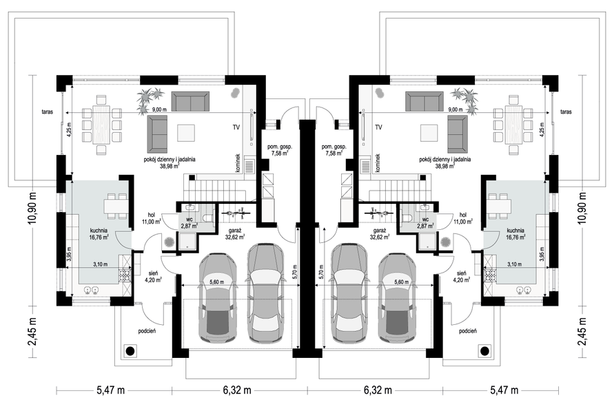 Projekt domu Willa Diamentowa 2 B - rzut parteru, dom liczy 4 pokoje, 2 łazienki i wc