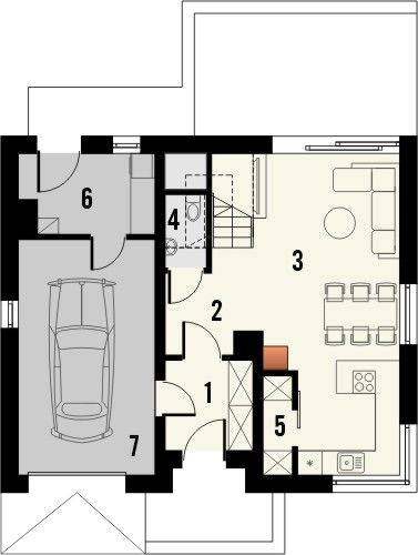Projekt domu Krajobrazy 124 - rzut parteru, dom liczy 3 pokoje, 2 łazienki i wc