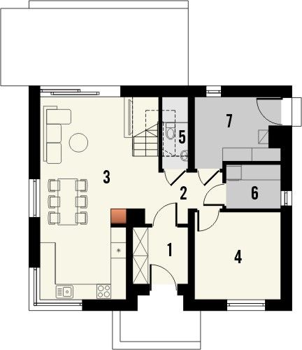 Projekt domu Krajobrazy 148 - rzut parteru, dom liczy 4 pokoje, 2 łazienki i wc