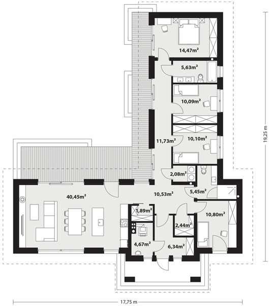 Projekt domu Rita - rzut parteru, dom liczy 4 pokoje, 2 łazienki i wc