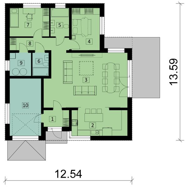 Projekt domu Ka221 T - rzut parteru, dom liczy 2 pokoje, 2 łazienki i wc