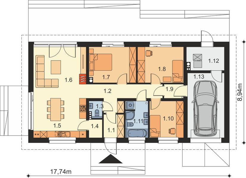Projekt domu Granero B - rzut parteru, dom liczy 3 pokoje, 2 łazienki i wc