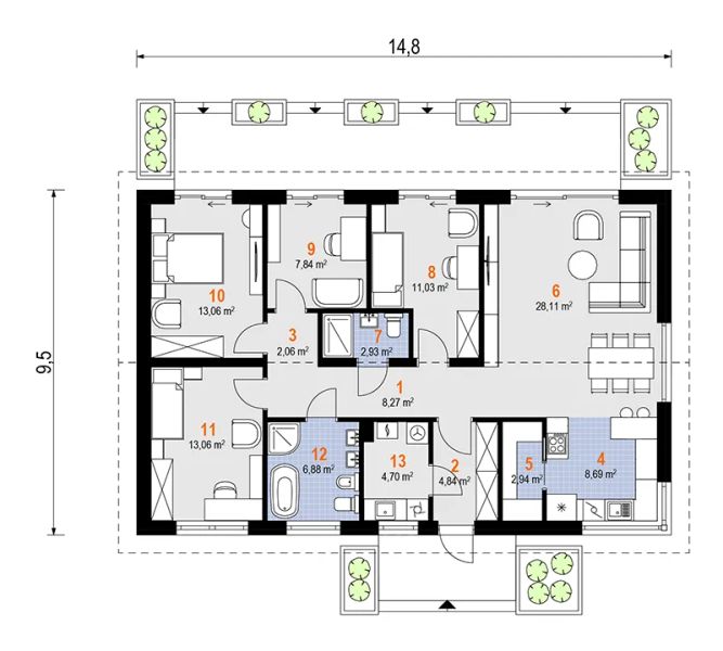 Projekt domu Cyklamen Nano (1973) - rzut parteru, dom liczy 4 pokoje, 2 łazienki i wc