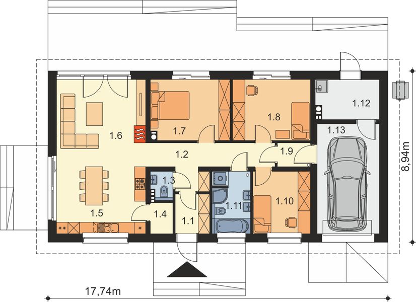 Projekt domu Granero B OZE - rzut parteru, dom liczy 3 pokoje, 2 łazienki i wc