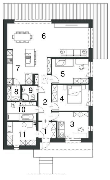Projekt domu EG-111 - rzut parteru, dom liczy 3 pokoje, 2 łazienki i wc