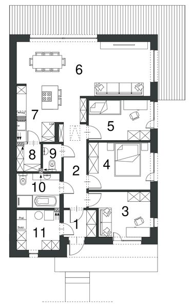 Projekt domu EG-111 wariant ll - rzut parteru, dom liczy 3 pokoje, 2 łazienki i wc