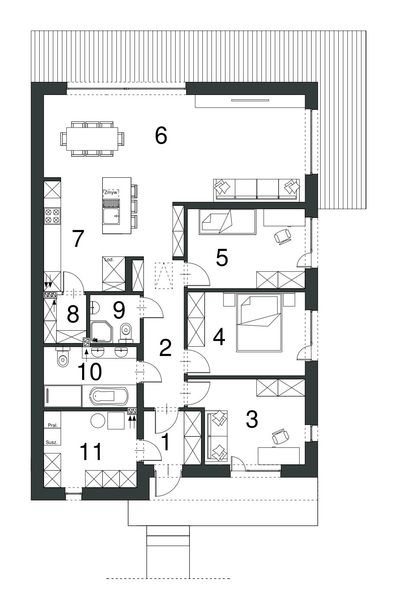 Projekt domu EG-110 - rzut parteru, dom liczy 3 pokoje, 2 łazienki i wc
