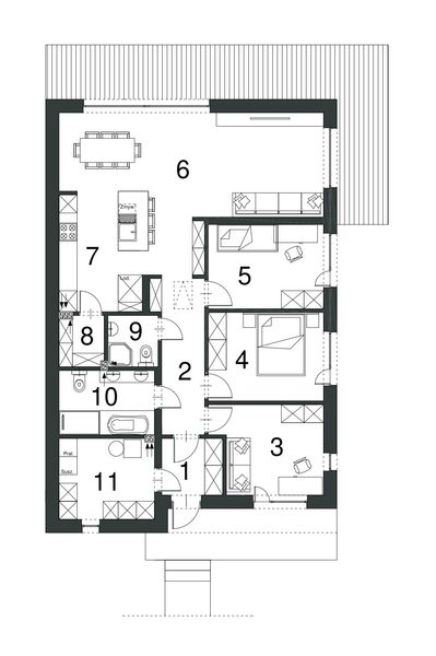 Projekt domu EG-110 wariant I - rzut parteru, dom liczy 3 pokoje, 2 łazienki i wc