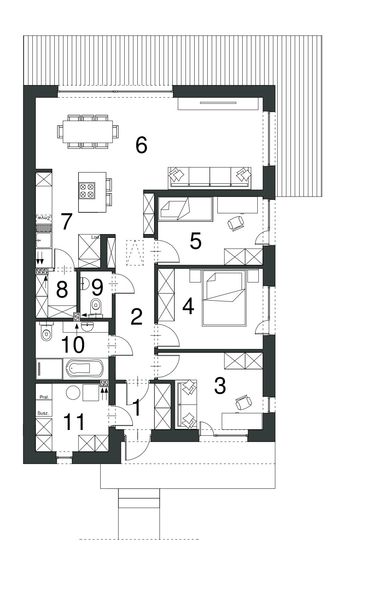 Projekt domu EG-110 wariant II - rzut parteru, dom liczy 3 pokoje, 2 łazienki i wc