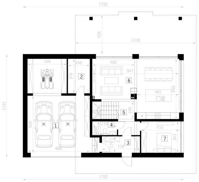Projekt domu Beskidzki - rzut parteru, dom liczy 4 pokoje, 3 łazienki i wc