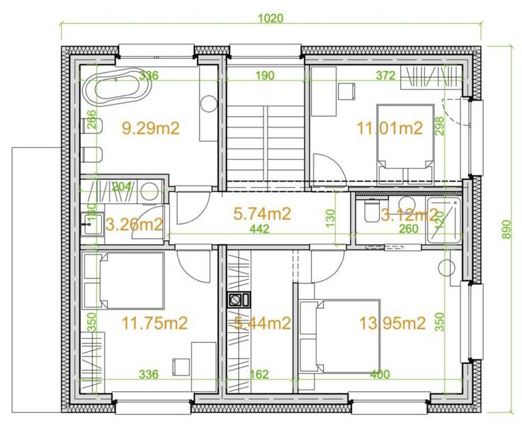 Projekt domu eko Typowy 83 - rzut 1 piętra, dom liczy 4 pokoje, 3 łazienki i wc