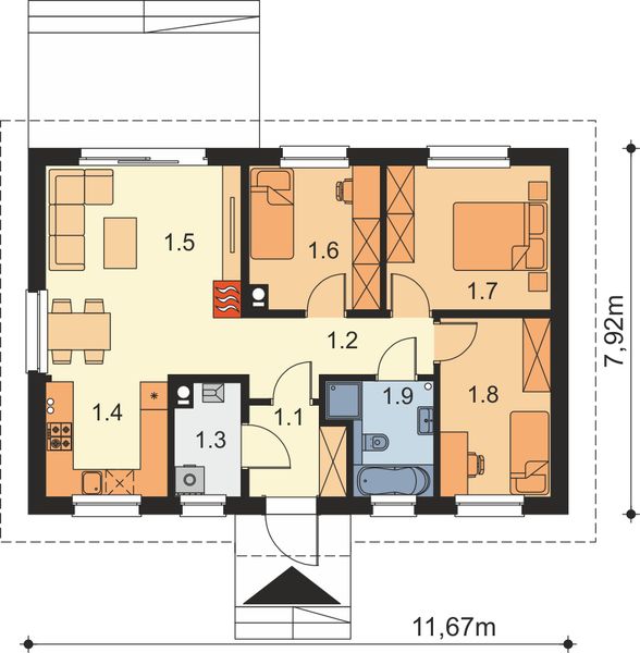 Projekt domu Tebe 5 szkielet drewniany - rzut parteru, dom liczy 3 pokoje, 1 łazienki i wc
