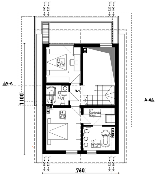 Projekt domu Stodoła z antresolą 190 - rzut poddasza, dom liczy 3 pokoje, 3 łazienki i wc