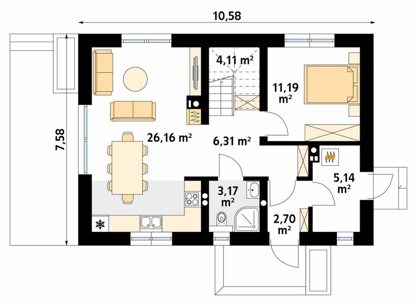 Projekt domu Fortunka - rzut parteru, dom liczy 4 pokoje, 2 łazienki i wc