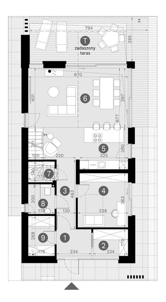 Projekt domu HomeKoncept 166 - rzut parteru, dom liczy 3 pokoje, 2 łazienki i wc