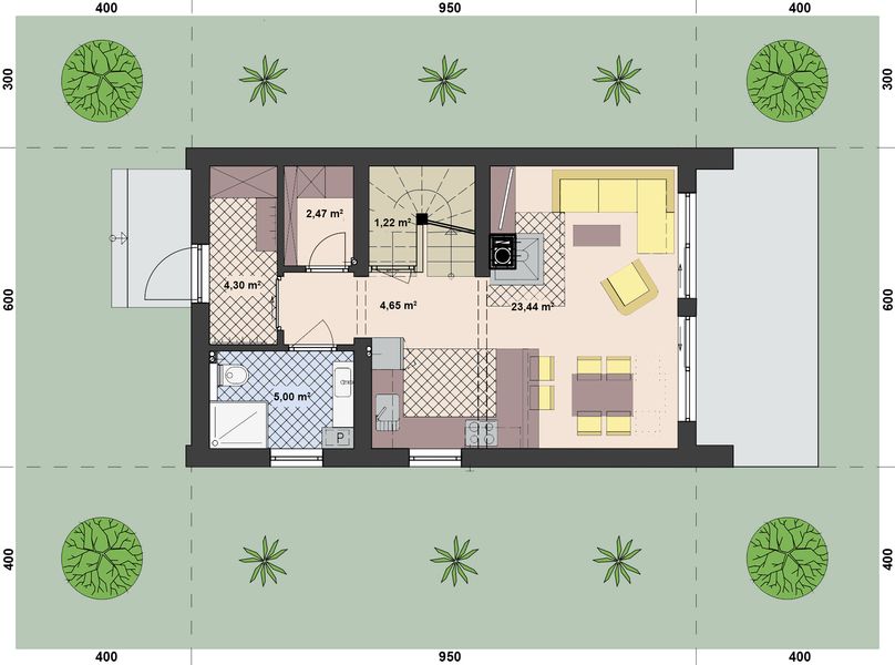 Projekt domu L-302 N murowany - rzut parteru, dom liczy 2 pokoje, 2 łazienki i wc