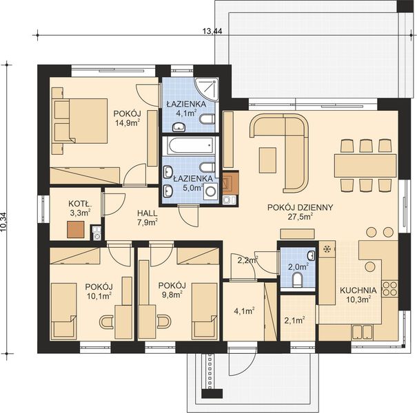 Projekt domu APS 353 wariant 4 - rzut parteru, dom liczy 3 pokoje, 3 łazienki i wc