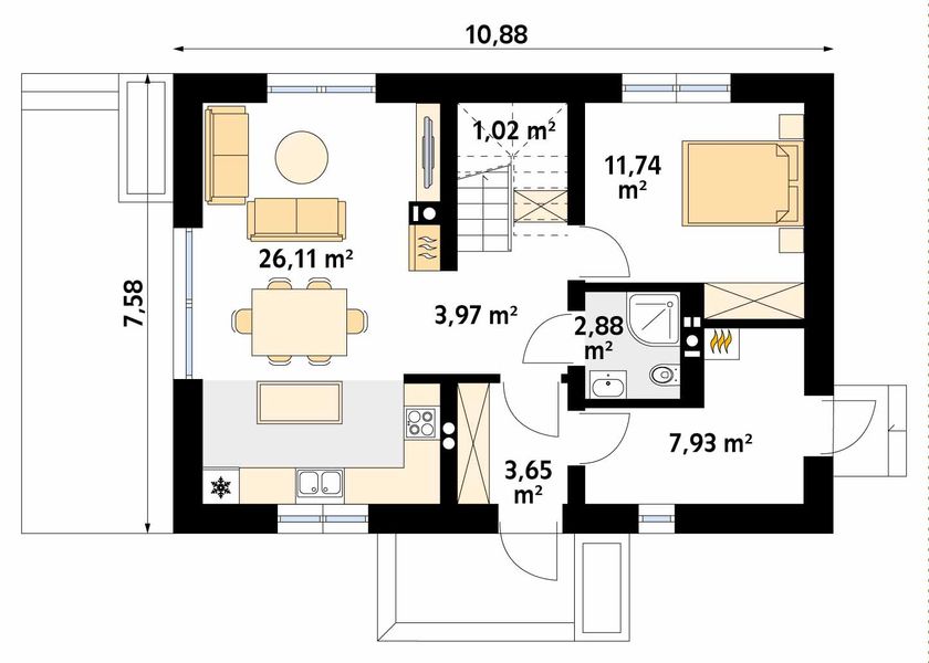 Projekt domu Fortunka 2 - rzut parteru, dom liczy 4 pokoje, 2 łazienki i wc