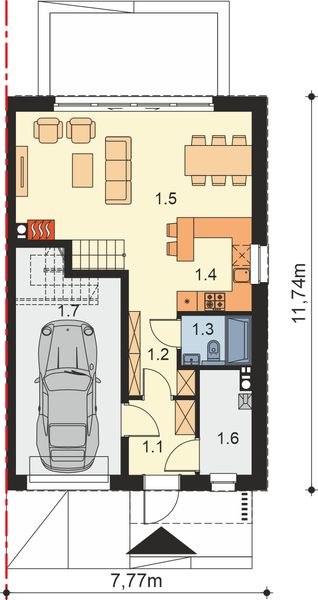 Projekt domu Alicjusz bliźniak - rzut parteru, dom liczy 4 pokoje, 2 łazienki i wc