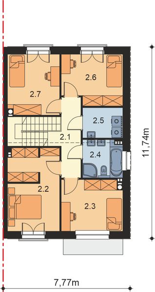 Projekt domu Alicjusz bliźniak - rzut 1 piętra, dom liczy 4 pokoje, 2 łazienki i wc