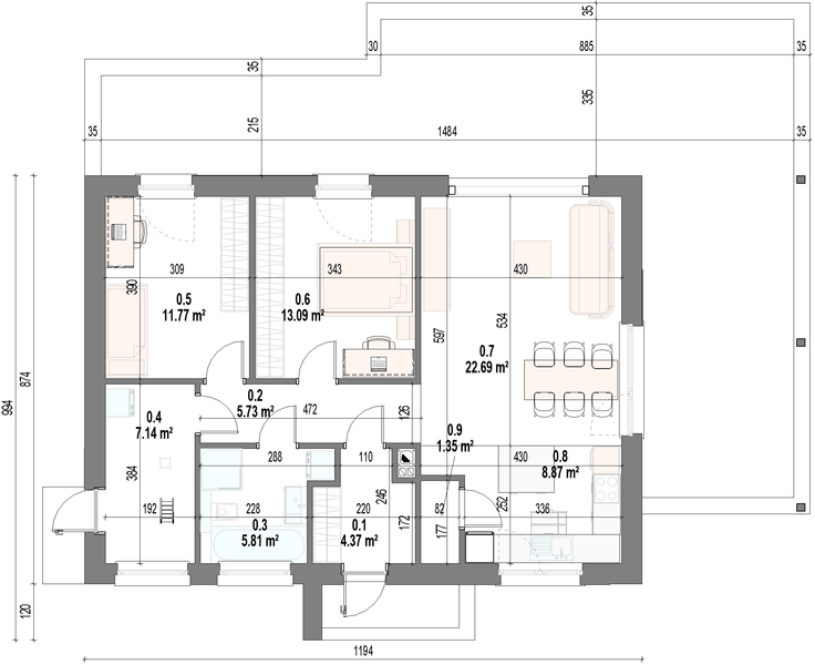Projekt domu Kalia - rzut parteru, dom liczy 2 pokoje, 1 łazienki i wc