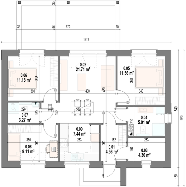 Projekt domu Aria - rzut parteru, dom liczy 3 pokoje, 2 łazienki i wc
