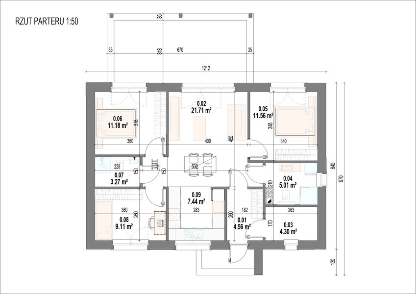 Projekt domu Aria - rzut parteru, dom liczy 3 pokoje, 2 łazienki i wc