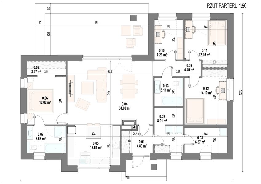 Projekt domu Gaya - rzut parteru, dom liczy 4 pokoje, 2 łazienki i wc