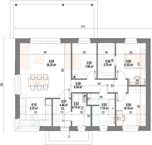 Projekt domu Grabowiec - rzut parteru, dom liczy 3 pokoje, 1 łazienki i wc