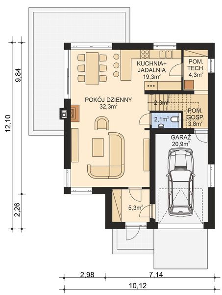Projekt domu APS 355 - rzut parteru, dom liczy 4 pokoje, 3 łazienki i wc