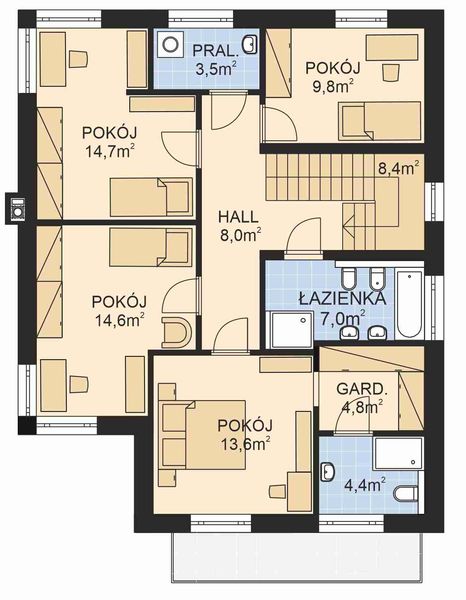 Projekt domu APS 355 - rzut 1 piętra, dom liczy 4 pokoje, 3 łazienki i wc