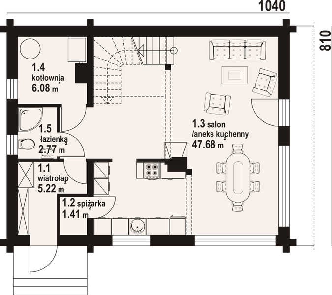 Projekt domu Osiek 305 dw - rzut parteru, dom liczy 4 pokoje, 2 łazienki i wc