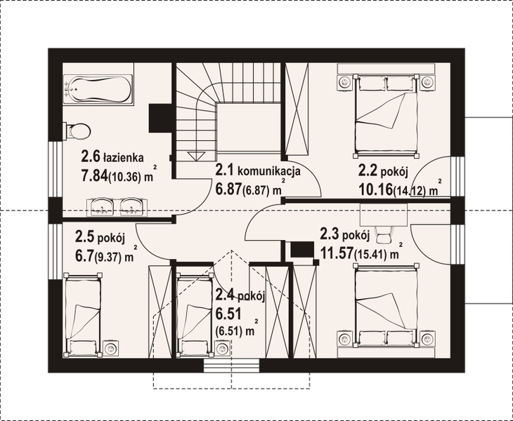 Projekt domu Osiek 305 dw - rzut poddasza, dom liczy 4 pokoje, 2 łazienki i wc