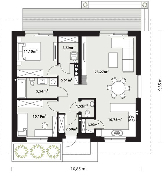Projekt domu Gaja 5 - rzut parteru, dom liczy 2 pokoje, 2 łazienki i wc