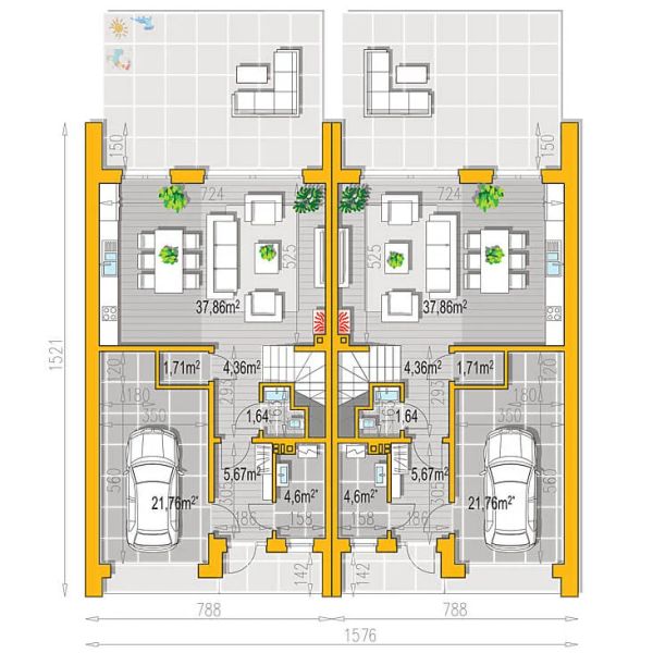 Projekt domu Ella Mini dom jednorodzinny dwulokalowy - rzut parteru, dom liczy 6 pokoje, 6 łazienki i wc