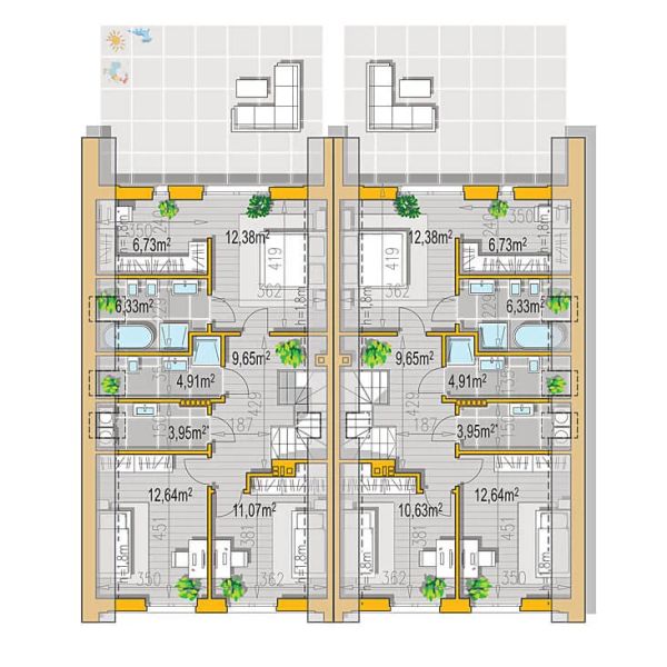 Projekt domu Ella Mini dom jednorodzinny dwulokalowy - rzut poddasza, dom liczy 6 pokoje, 6 łazienki i wc