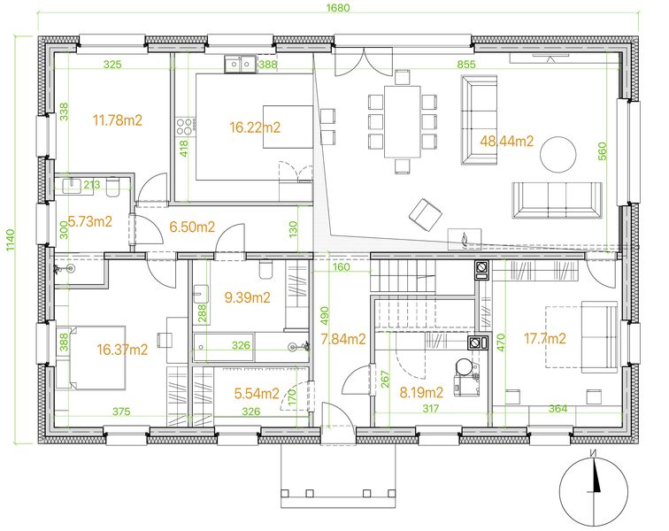 Projekt domu eko Typowy 84 - rzut parteru, dom liczy 5 pokoje, 2 łazienki i wc