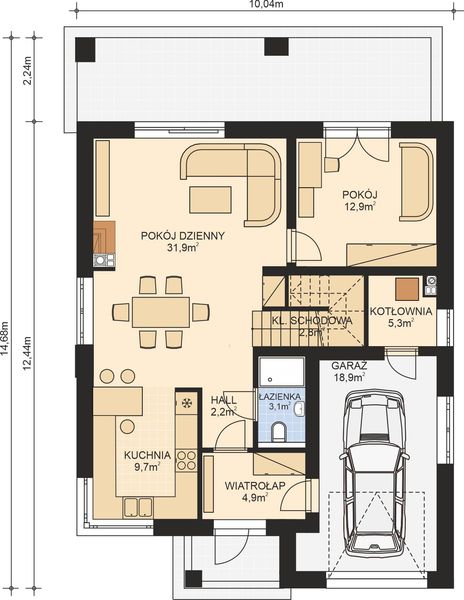 Projekt domu APS 357 - rzut parteru, dom liczy 4 pokoje, 3 łazienki i wc