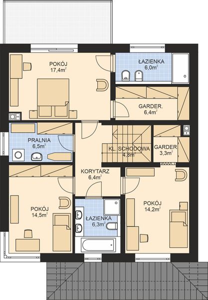 Projekt domu APS 357 - rzut 1 piętra, dom liczy 4 pokoje, 3 łazienki i wc
